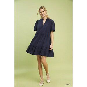 Umgee Linen Tiered Babydoll Dress with Scalloped Sleeves